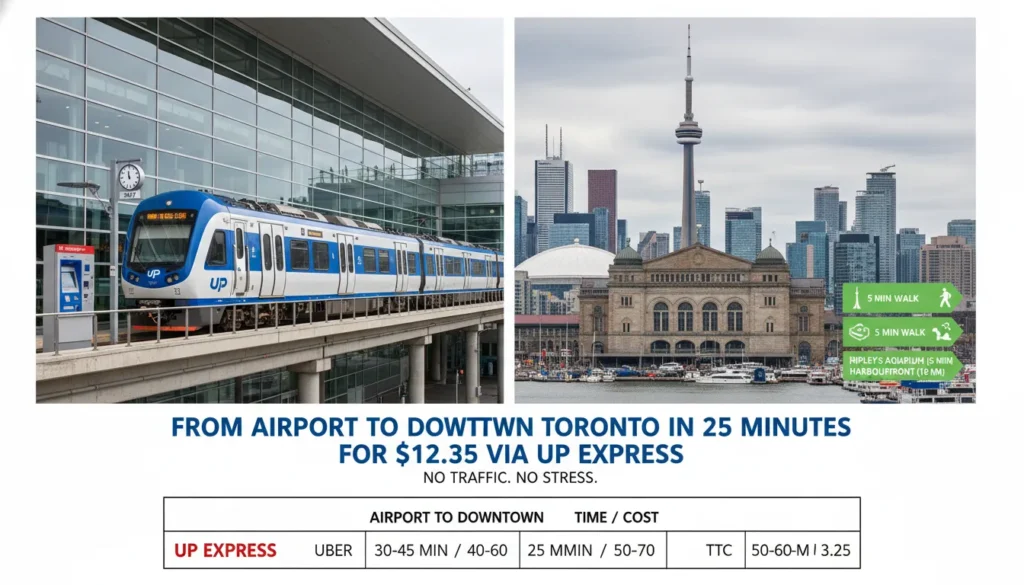 A modern UP Express train leaving Toronto Pearson Airport terminal heading to downtown Toronto. Sign shows 25 minutes and $12.35 fare. CN Tower visible in downtown skyline.