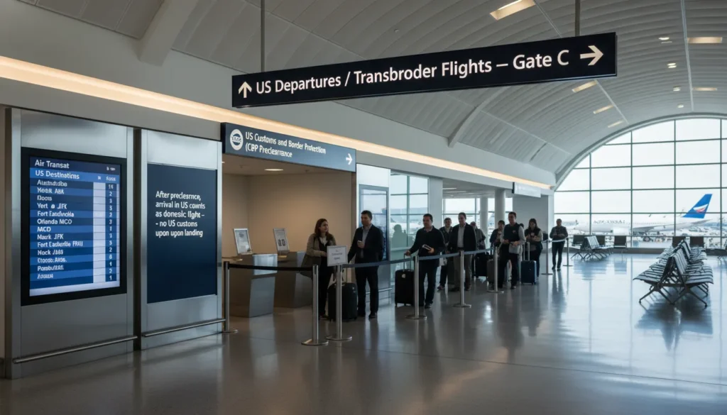 US transborder security entrance near Gate C at Terminal 3 Pearson Airport. Sign showing US Customs preclearance for Air Transat US flights. Passengers arrive as domestic flight in US.