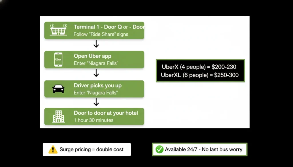 Simple Uber guide. Pickup at Terminal 1 Door Q or Terminal 3 Door C. Open app. Request ride. Driver takes you to Niagara Falls hotel. Cost $200-250. Time 1.5 hours. 4 people max in UberX.