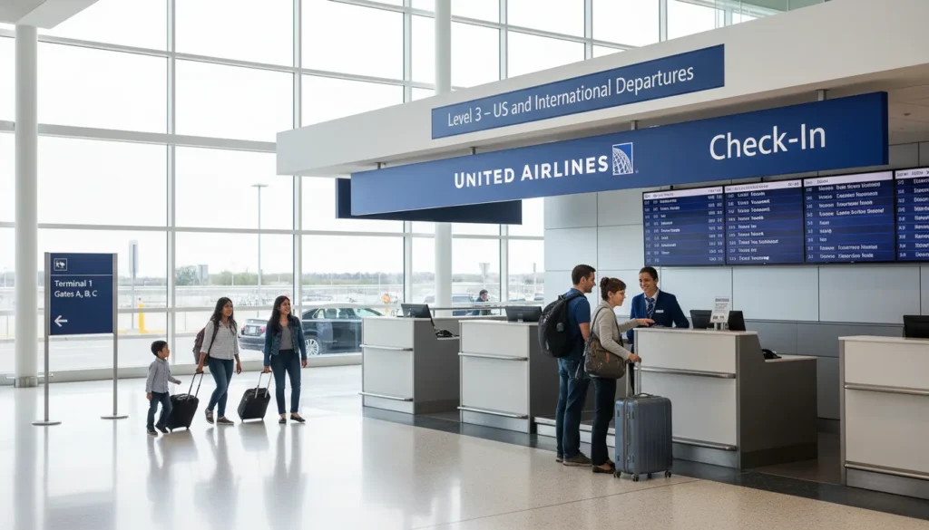 Passenger dropping off luggage at United Airlines check in counters inside Terminal 1 Level 3 at Toronto Pearson Airport with departure sign visible