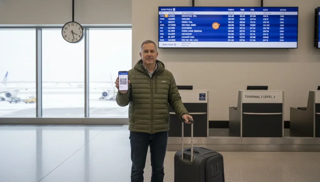 United Airlines passenger at Toronto Pearson Terminal 1 checking mobile boarding pass on phone with flight status app open wearing winter jacket near check in counters