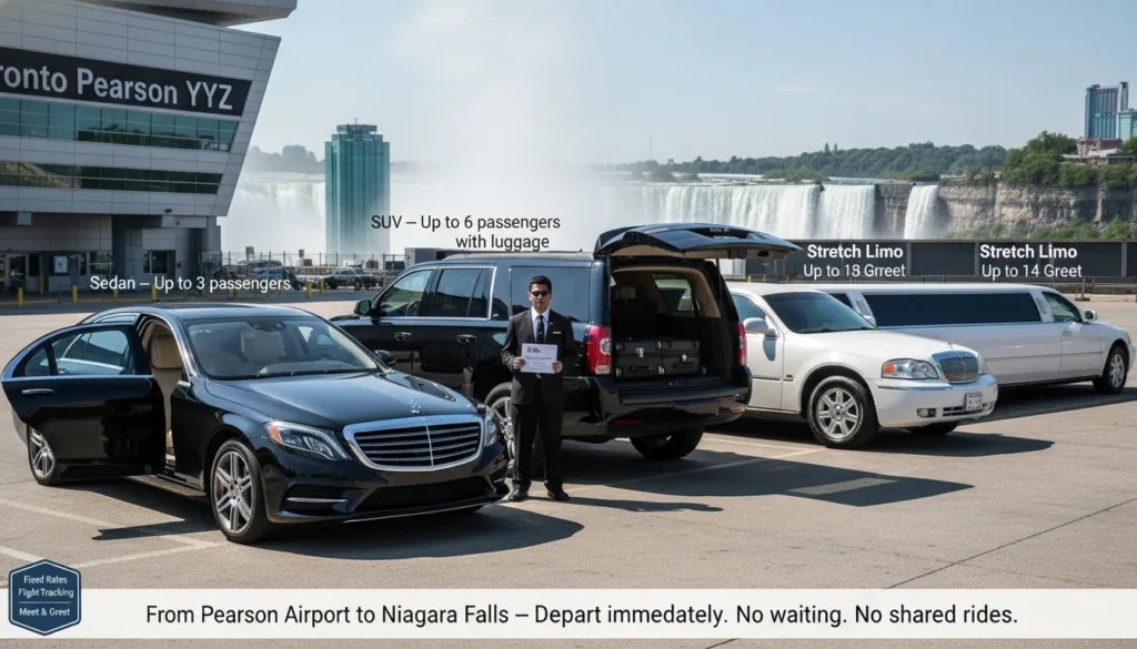 Luxury fleet of vehicles parked at Pearson Airport Toronto including black Lexus sedan for 3 passengers, GMC Yukon SUV for 6 passengers with luggage space, and white stretch limousine for 14 passengers ready for private transfer to Niagara Falls Ontario Canada