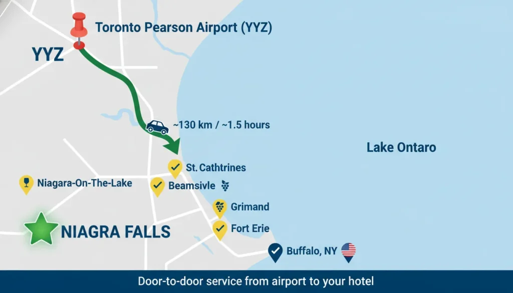 Map showing Niagara Region cities served by private limo from Toronto Pearson Airport including Niagara Falls, Niagara-On-The-Lake, St. Catharines, Beamsville, Grimsby, Welland, Fort Erie, and Buffalo NY with driving route highlighted from YYZ airport