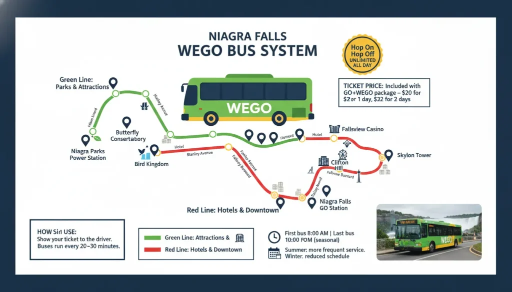 WEGO bus route map showing green and yellow buses stopping at major Niagara Falls attractions including Fallsview Casino, Clifton Hill, Butterfly Conservatory, Bird Kingdom, and hotels along the Niagara Parkway. Hop-on hop-off service with convenient stops near the Falls.