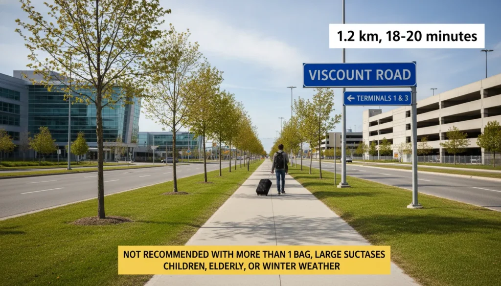 Real photo showing the walking route from Pearson Airport to Alt Hotel along Viscount Road. The image shows a person with rolling luggage on a sidewalk beside a road. A sign points toward Viscount Station and Alt Hotel. Distance marker shows 1.2 kilometers. Warning text overlay reads Not Recommended with Luggage.