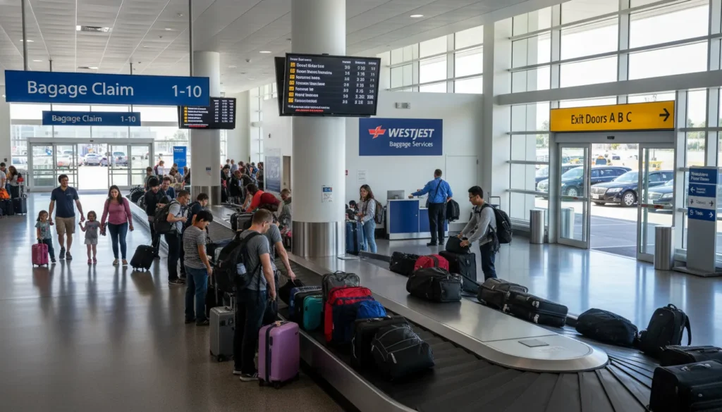 Passengers picking up luggage from baggage carousel at WestJet arrivals area Terminal 3 Level 1 Toronto Pearson Airport. Signs show carousel numbers and exit doors A B C.