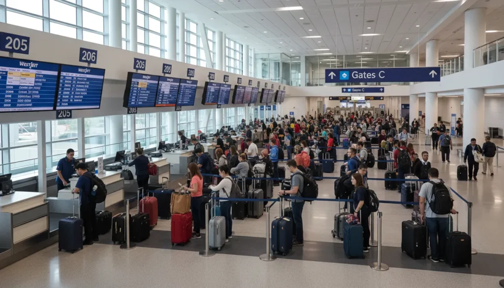 Travelers checking in at WestJet counters 205-225 on Level 3 of Terminal 3 at Toronto Pearson Airport. Signs show Gates B and C. Passengers with luggage lining up at check-in desks.
