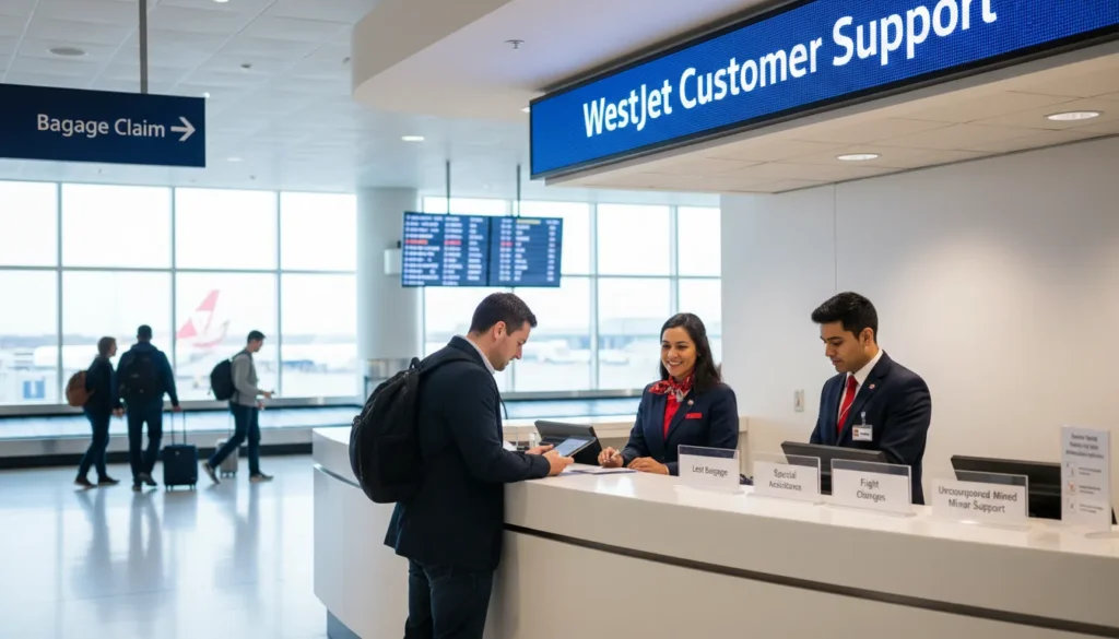 WestJet support counter at T3 arrivals level with uniformed staff helping travelers near baggage claim area