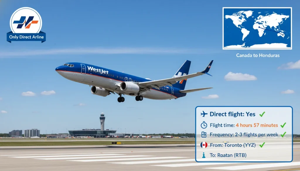 A WestJet airplane taking off from Toronto Pearson Airport heading to Roatan island. Text overlay shows nonstop flight time 4 hours 57 minutes and WestJet logo.
