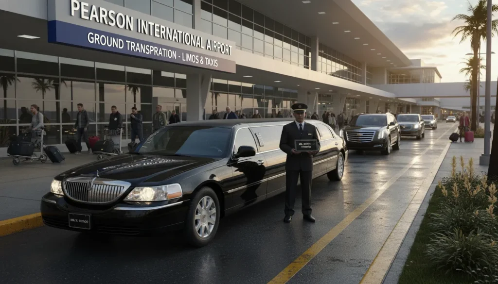 Passengers walking from Terminal 3 parking garage to waiting taxis and airport limousines at Toronto Pearson Airport departure curb