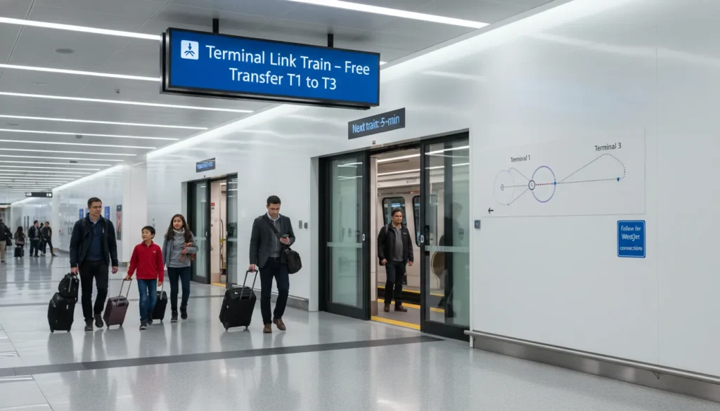 Passengers walking to free Terminal Link Train at Toronto Pearson with sign showing transfer from Terminal 1 to Terminal 3 for WestJet flight during delay or diversion.
