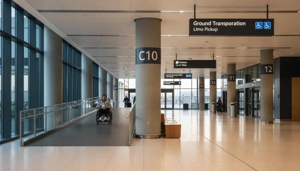 Wheelchair user accessing covered walkway at Pearson Airport Terminal 3 Arrivals Level Columns C8-C12. Smooth ramp pathway with clear signage showing column C10 and accessible route from baggage claim to limo pickup zone.