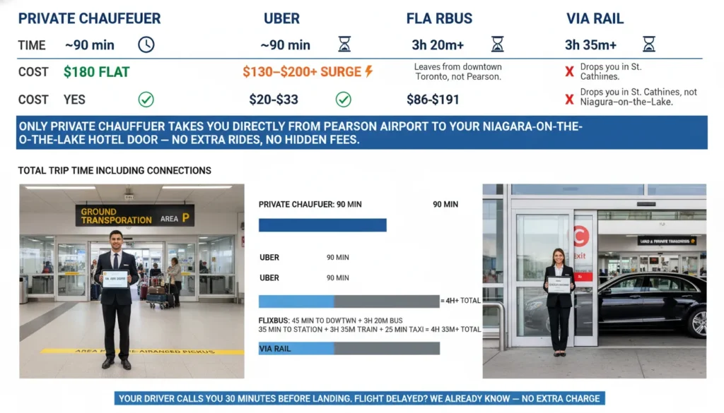 Two-panel photograph showing exact pickup points at Toronto Pearson Airport: Terminal 1 lower level Ground Transportation desk at Area P with a chauffeur holding a name sign, and Terminal 3 exit Door C with another driver waiting beside a black sedan.