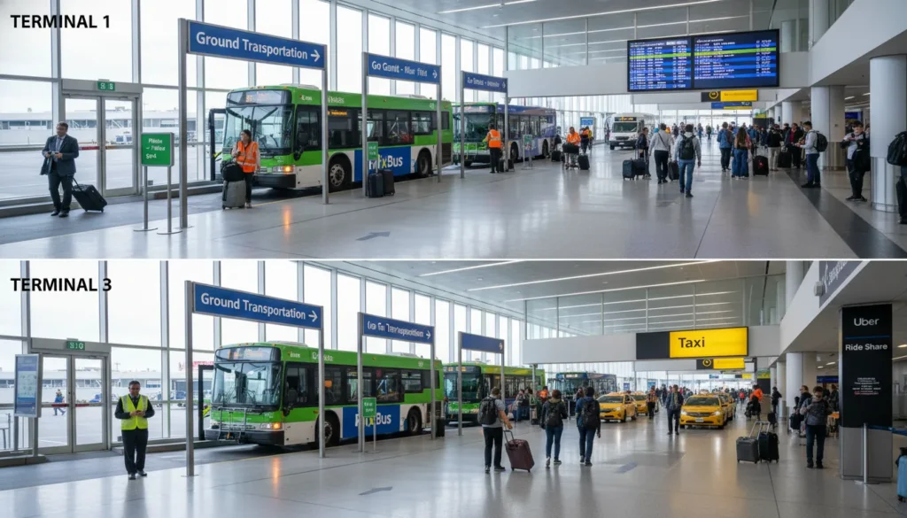 Real photo guide showing exact boarding locations at Toronto Pearson Airport. Terminal 1: Door Q for FlixBus at Pillar Q4 and GO Transit at Pillar Q6. Door P for Niagara AirBus. Door D and E for Taxi. Terminal 3: Door C for FlixBus at Column C8 and GO Transit at Column C10. Door B and C for Taxi. Ground level arrivals area. Green and blue bus signs visible. Real airport setting with travelers and buses.