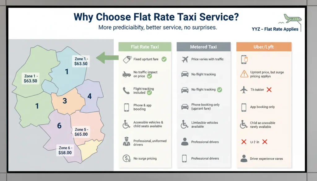 Informational graphic comparing flat rate taxi benefits against metered taxis and rideshare apps. Highlights no surge pricing, flight tracking, phone and app booking, accessible vehicles, child seats, professional drivers, and fixed upfront fares.