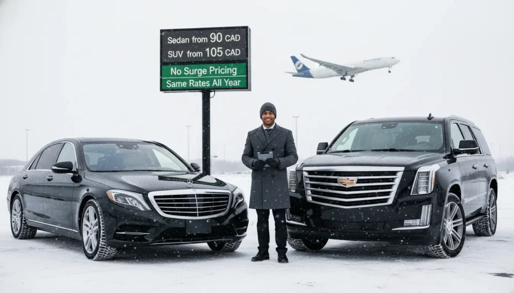 Luxury black SUV and sedan parked in snow covered parking lot with a digital price sign showing same rates 90 CAD and 105 CAD no winter surge pricing