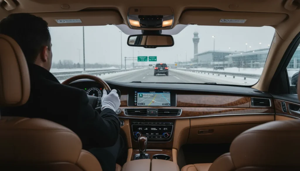 Luxury black SUV driving on snow covered highway heading to Toronto Pearson airport terminal in winter with winter tires visible and chauffeur at the wheel