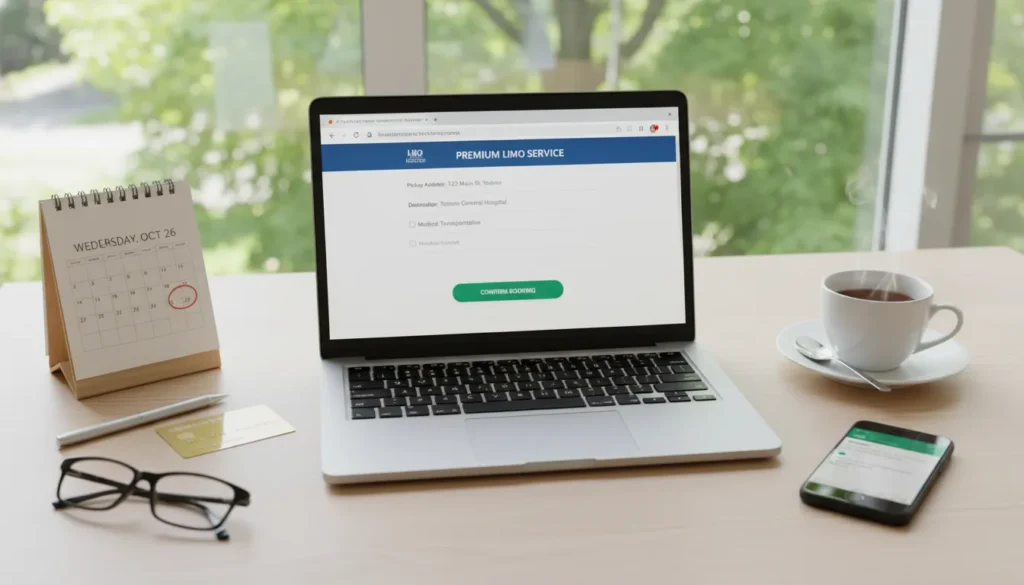 Person sitting at home desk using laptop to book medical transportation limo Toronto while smartphone shows confirmed booking message and credit card ready on table