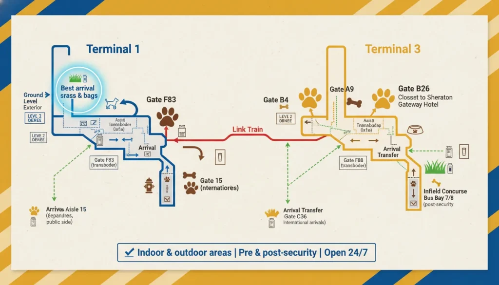 Illustrated map of Toronto Pearson Airport showing exact pet relief areas inside Terminal 1 (Post S, Gate F83, Level 2, Aisle 15) and Terminal 3 (Gate B26, Gate A9, Arrival Transfer Level, Bus Bay 7/8), plus walking routes from baggage claim to each location.