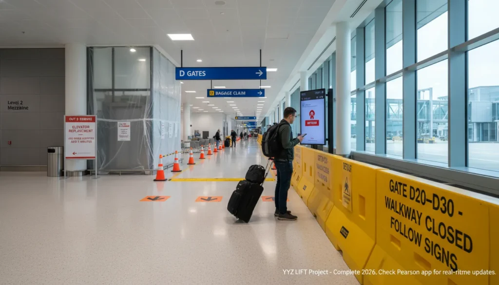 YYZ LIFT construction at Terminal 1 Pearson – Gate D20-D30 walkway closures and Level 2 mezzanine elevator replacements with detour signs