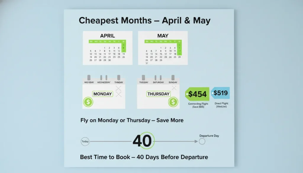 A calendar showing April and May highlighted as cheapest months, Monday and Thursday circled as best departure days, and a red arrow pointing to "book 40 days before travel" with price tags showing $454 for connecting and $519 for direct flights.