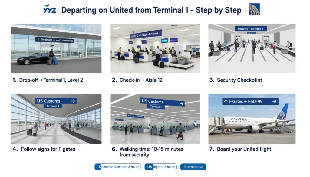 Step by step guide showing how to depart on United Airlines from Terminal 1 at Pearson Airport including drop-off at Level 2, check-in at Aisle 12, security, US customs, and walking to F gates