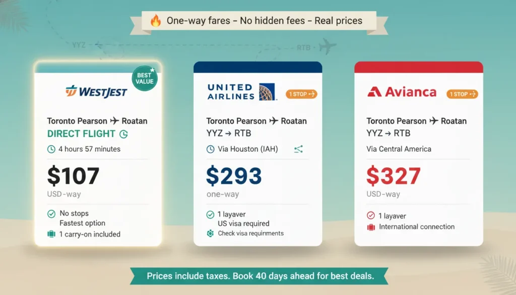 One-way flight deals from Toronto Pearson to Roatan showing WestJet direct for 107 dollars, United Airlines for 293 dollars with one stop, and Avianca for 327 dollars with one stop.