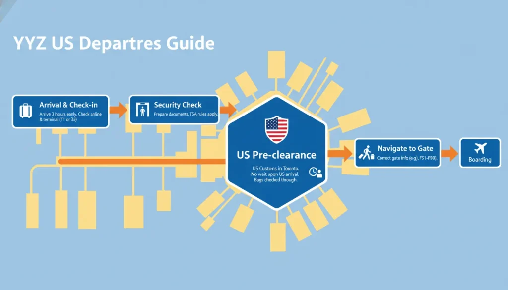 A clear infographic map illustrating the step-by-step traveler flow from check-in at Toronto Pearson Terminal 1 to US pre-clearance, security, and the correct departure gates, highlighting key transition points for a seamless airport experience.