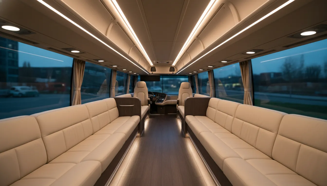 Interior view of a large 50 passenger party bus in Toronto showing spacious perimeter seating, high ceilings for maximum headroom, and custom lighting.