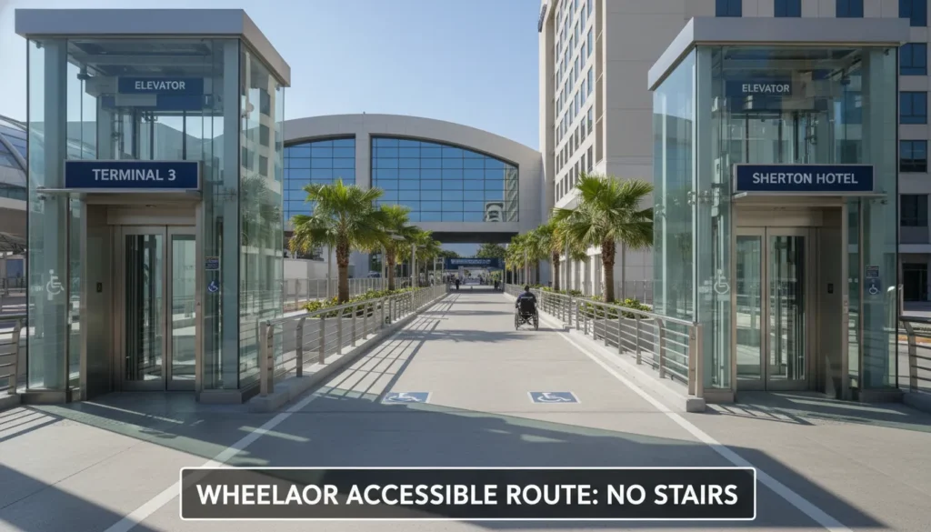 Elevator and wheelchair accessible ramp at Pearson Terminal 3 UP Express station leading to Sheraton Gateway Hotel