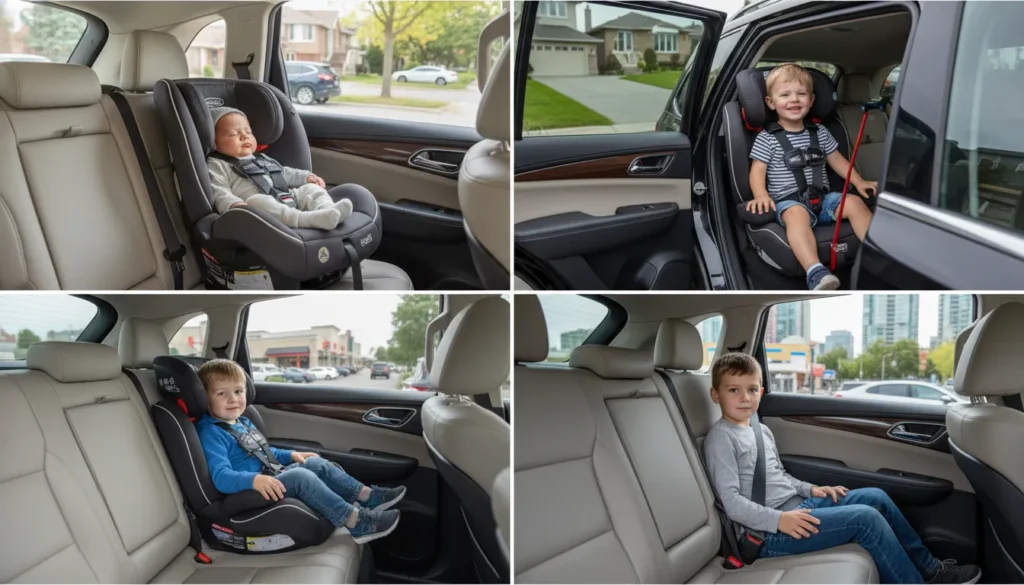 Four car seats shown side by side for different ages: rear-facing infant seat for newborn up to 1 year, forward-facing seat for toddler 1 to 4 years, booster seat for child 4 to 8 years, and regular seat belt for child over 8 years or taller than 4 feet 9 inches.
