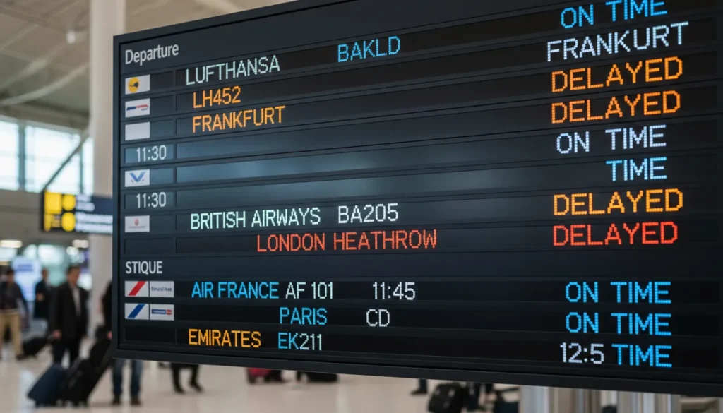 A digital airport flight status board displaying real-time departure times, gate numbers, and red delay warnings for various destinations.