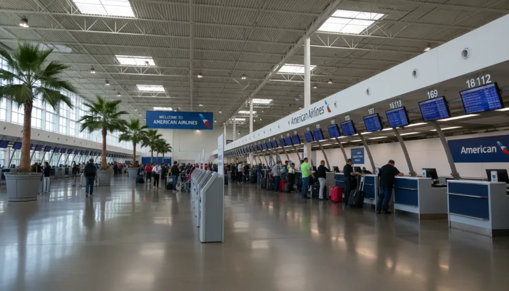 American Airlines check-in counters 169 to 182 on Terminal 3 departures level at Toronto Pearson Airport