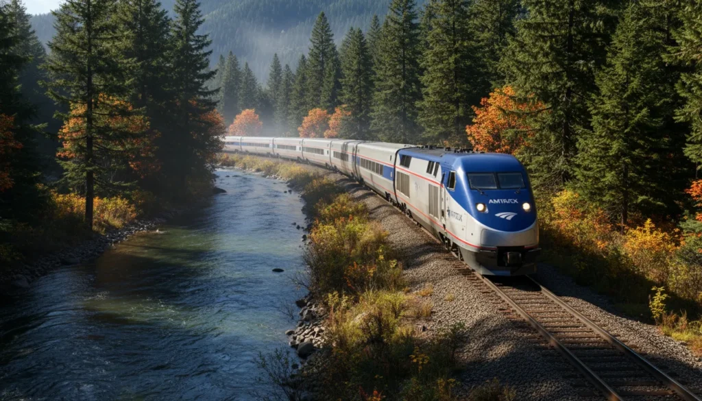 An Amtrak "Maple Leaf" train at Union Station or traveling through the Hudson Valley.