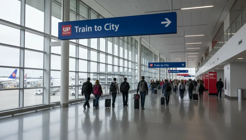 Blue and white Train to City directional signs hanging from ceiling at Pearson Airport Terminal 1 Ground Level with arrow pointing to UP Express station