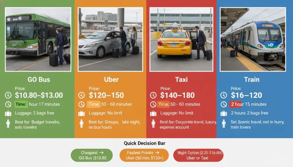 Comparison infographic showing four transportation options from Pearson Airport to Hamilton: GO Bus costs 11 a n d t a k e s 77 m i n u t e s w i t h 2 b a g s f r e e b e s t f o r b u d g e t t r a v e l e r s . U b e r c o s t s 11andtakes77minuteswith2bagsfreebestforbudgettravelers.Ubercosts135 and takes 55 minutes best for groups. Taxi costs 160 a n d t a k e s 55 m i n u t e s b e s t f o r c o r p o r a t e . T r a i n c o s t s 160andtakes55minutesbestforcorporate.Traincosts18 and takes 135 minutes best for scenic travel.