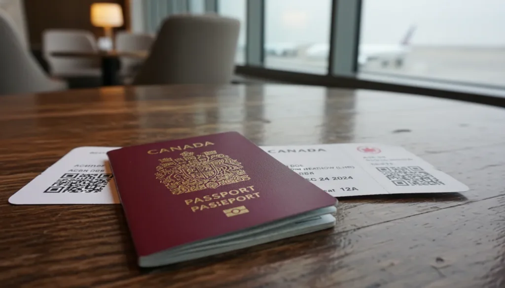 A blue Canadian passport and boarding pass required for entry into the United States from Toronto