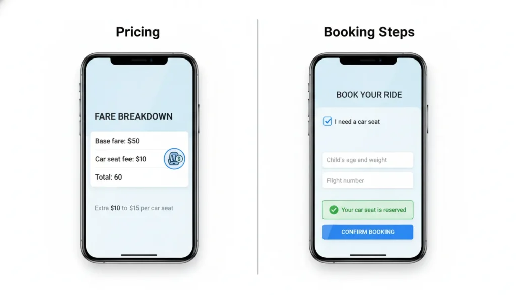 Infographic showing child car seat fee of 10 to 15 dollars and 5 booking steps: choose vehicle, select car seat option, enter child age and weight, enter flight number, receive confirmation email.