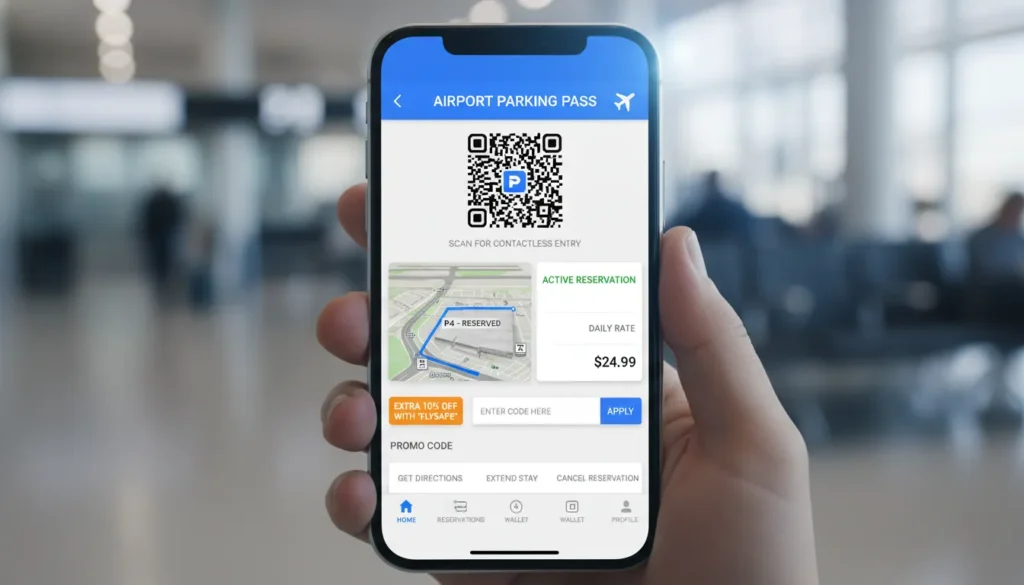 A smartphone screen displaying the Clicknpark app interface with a QR code reservation ready for a Pearson Airport garage exit gate.