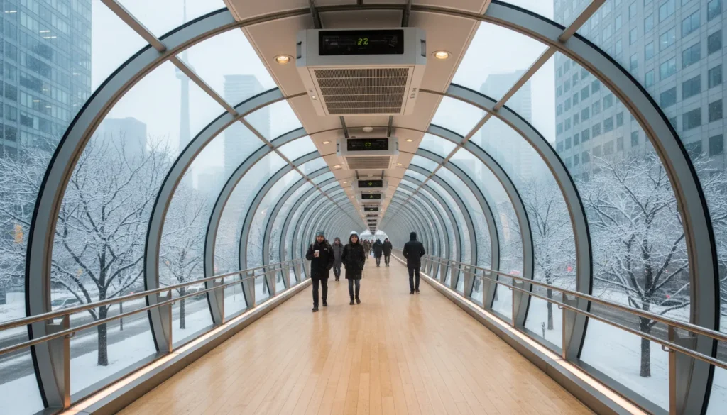 Fully indoor heated walkway between Pearson Airport Terminal 3 and Sheraton Gateway Hotel entrance
