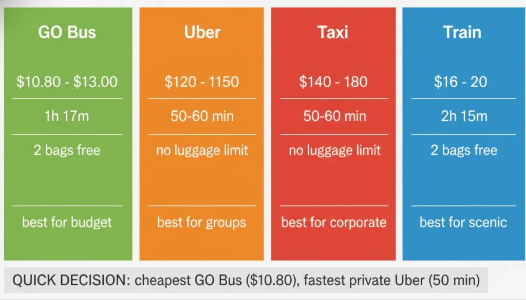 Comparison infographic showing four transportation options: GO Bus 11 a n d 77 m i n u t e s , U b e r 11and77minutes,Uber135 and 55 minutes, Taxi 160 a n d 55 m i n u t e s , T r a i n 160and55minutes,Train18 and 135 minutes from Hamilton to Pearson Airport
