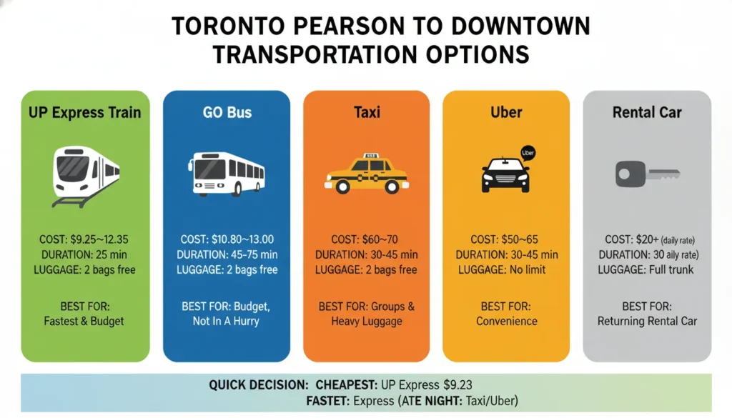Side by side comparison chart showing UP Express train 9.2525 m i n 2 b a g s , G O B u s 9.2525min2bags,GOBus10.80 45-75 min 2 bags, taxi 6030 − 45 m i n n o l i m i t , U b e r 6030−45minnolimit,Uber50 30-45 min no limit, rental car $20+ 30-45 min full trunk