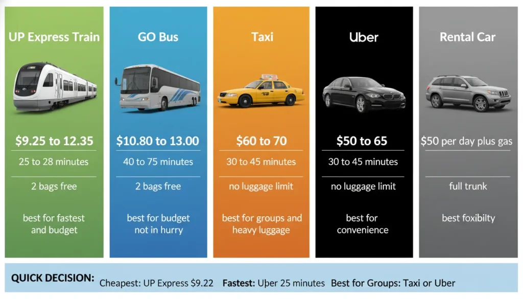 Side by side comparison chart showing UP Express train 9.2525 m i n u t e s , G O B u s 9.2525minutes,GOBus10.80 40 minutes, taxi 60 , U b e r 60,Uber50, rental car $50 per day from Pearson to downtown Toronto