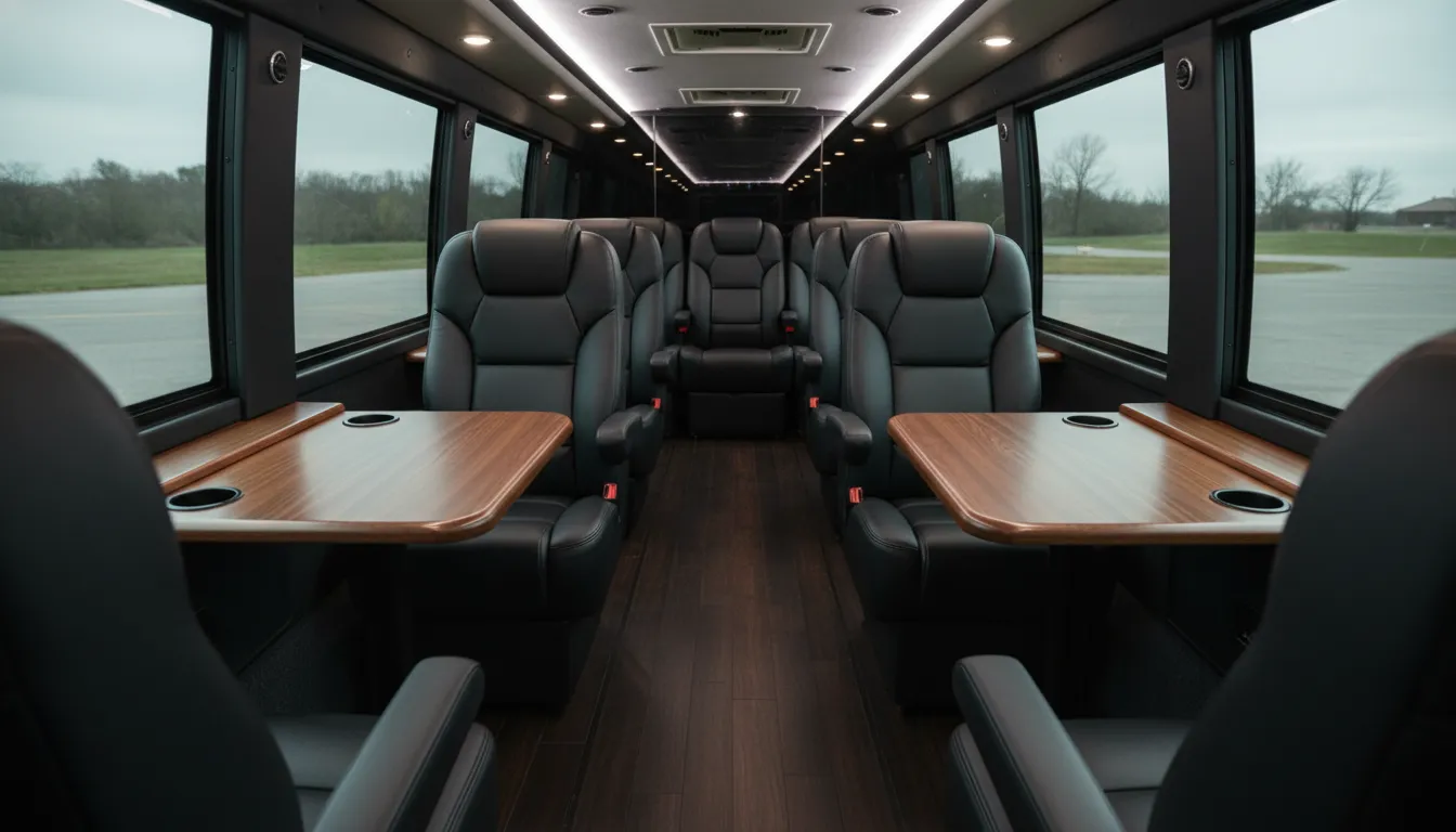 Interior view of a corporate limo bus showing luxury black high-back leather chairs arranged in a spacious executive layout for business meetings and comfortable group travel.