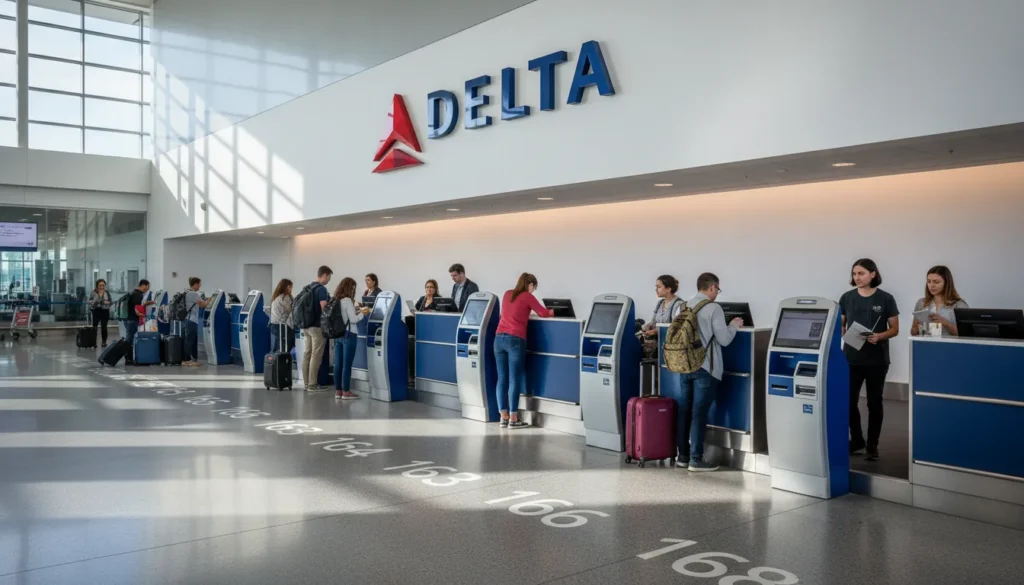 Delta check-in counters at Terminal 1 east end near aisles 160 to 168. Self-service kiosks available for quick check-in.