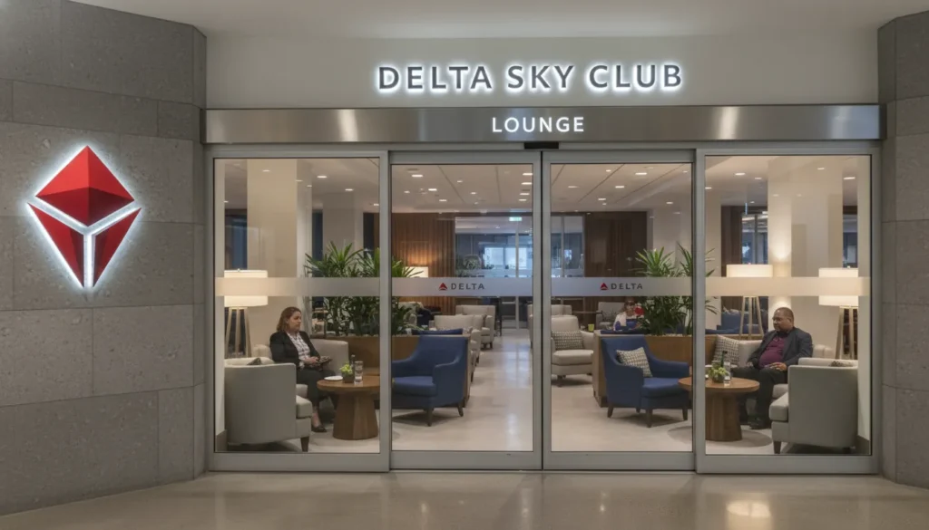 Delta Sky Club lounge entrance at Gate D28 Terminal 1 Pearson Airport with Delta logo and glass doors