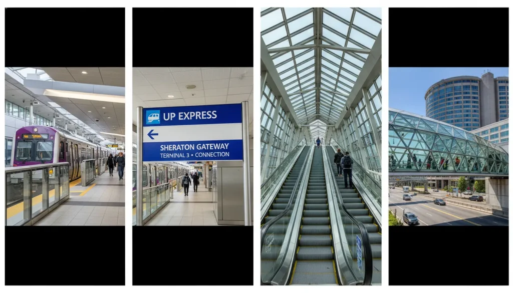Escalator and Sheraton Hotel signs at Pearson Terminal 3 UP Express station leading to covered pedestrian bridge