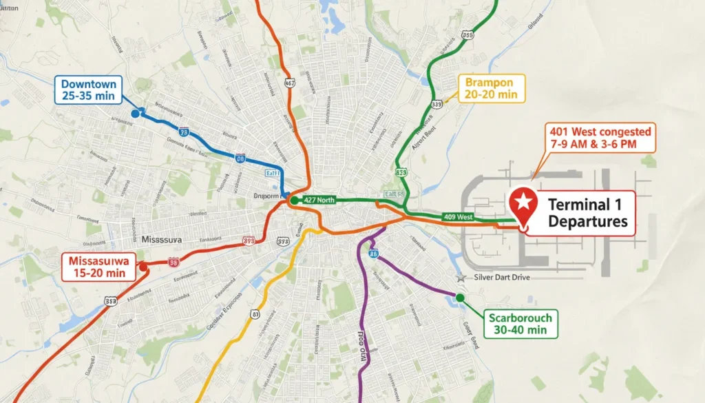 Map showing driving routes from downtown Toronto, Mississauga, Brampton and Scarborough to Terminal 1 at Pearson Airport via Highway 427 and 409