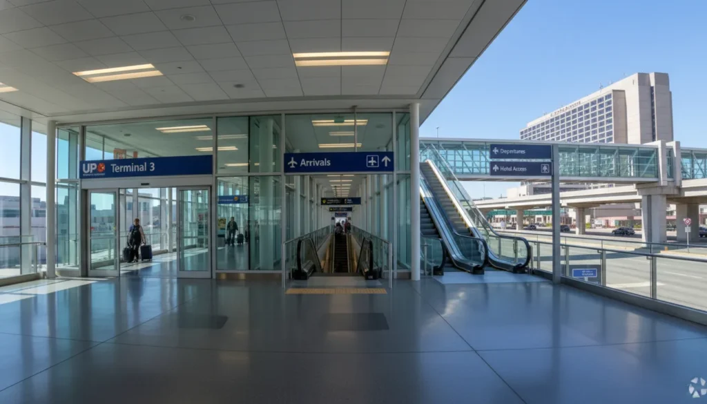 UP Express Terminal 3 station entrance showing connection to arrivals level and Sheraton Hotel walkway