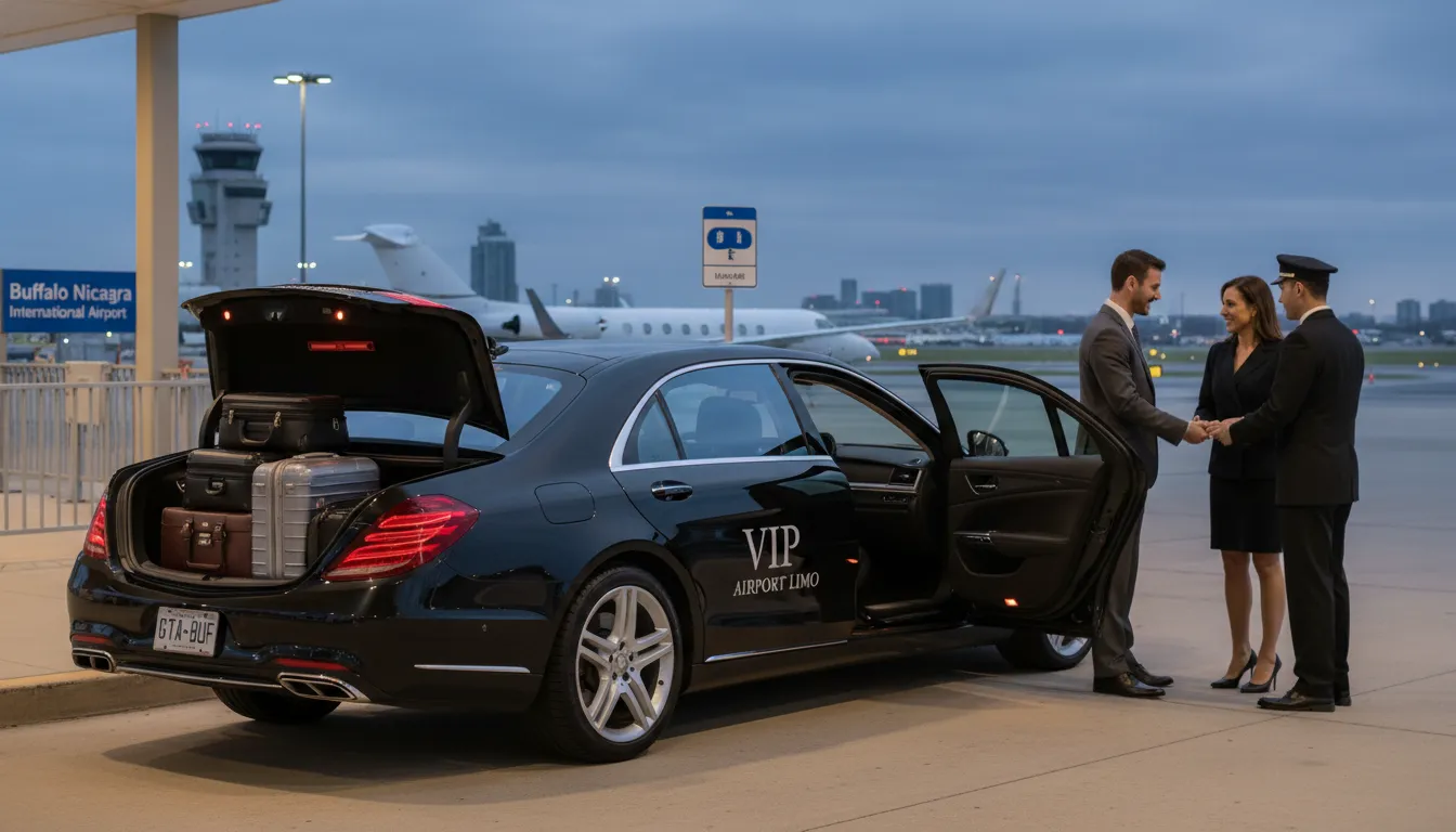 Black executive luxury sedan providing premium cross-border airport limo service from Ontario to Buffalo Airport.